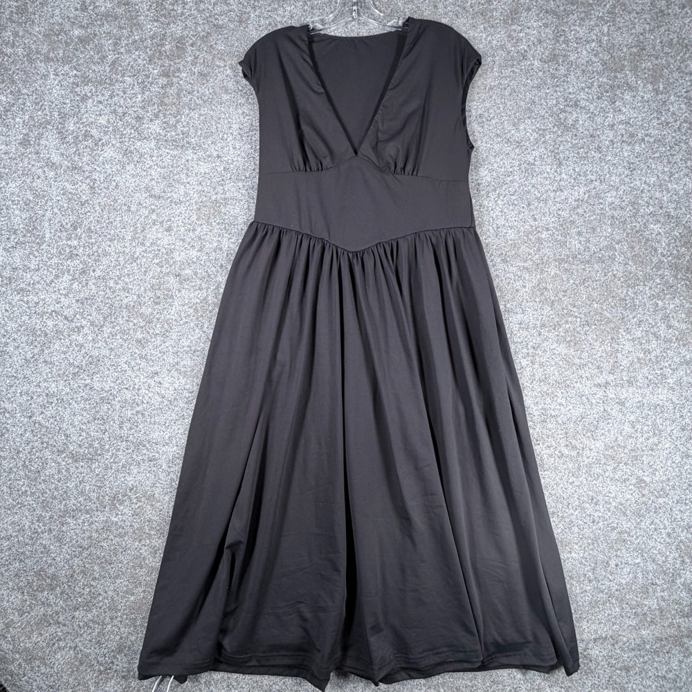 OYS Flared Dress Womens L Black Deep V-neck Sleeveless Summer Preppy Midi Length